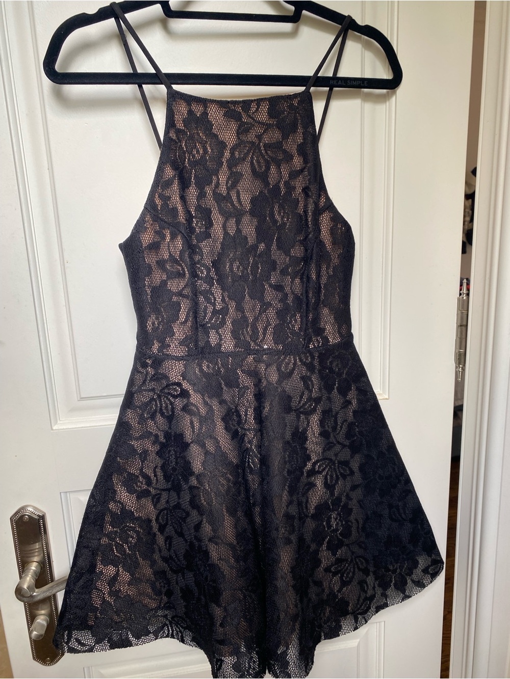 Black Lace Mini Dress with Nude Lining
